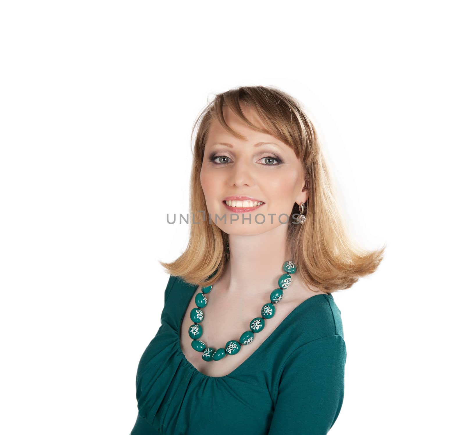 beauty portrait of a blonde in a green dress isolated on white background