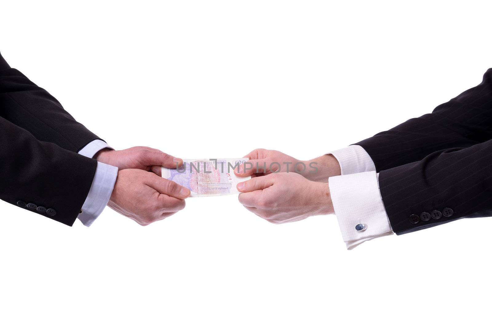 two businessmen fighting over money isolated on white