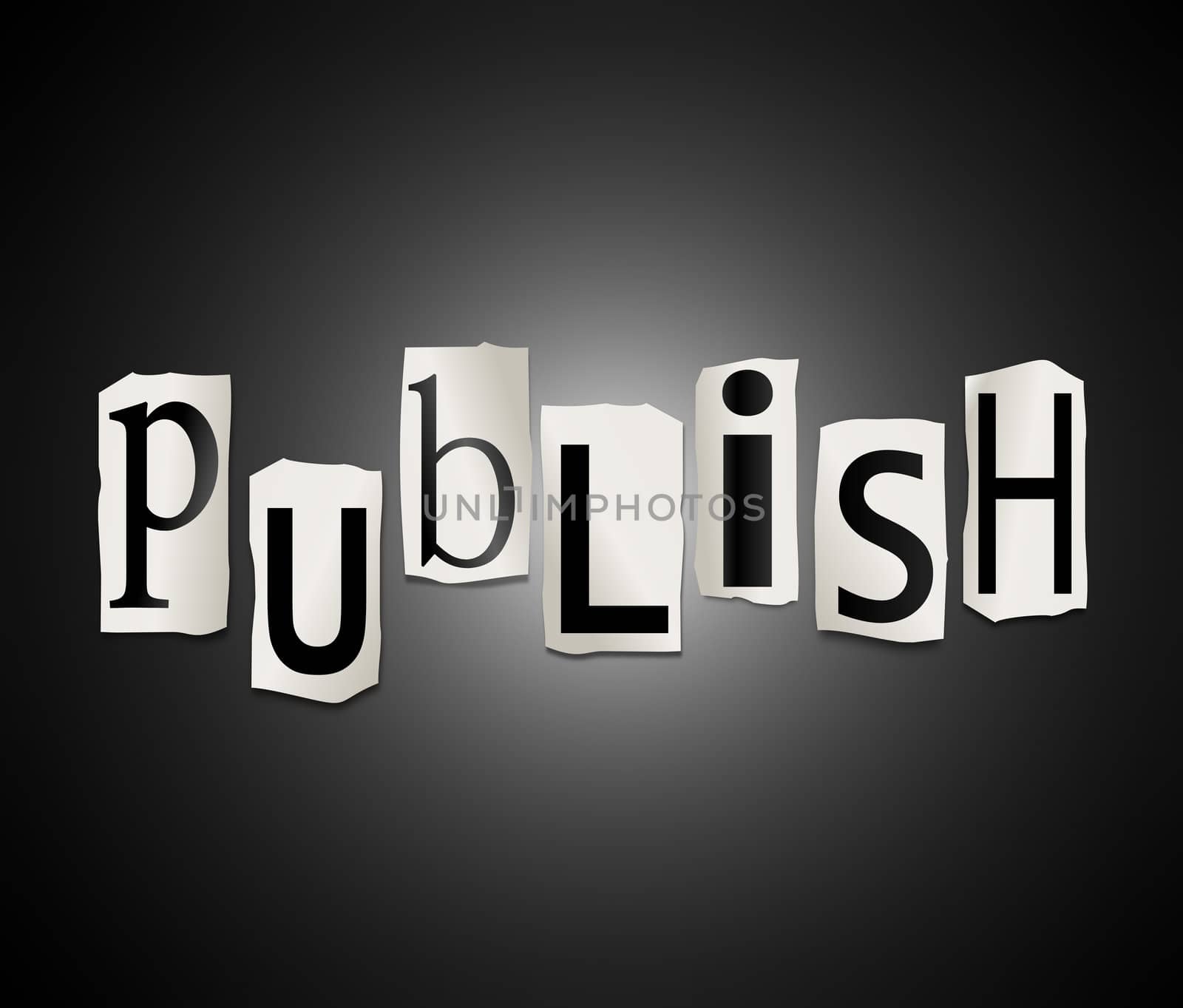 Illustration depicting cut out letters arranged to form the word publish.