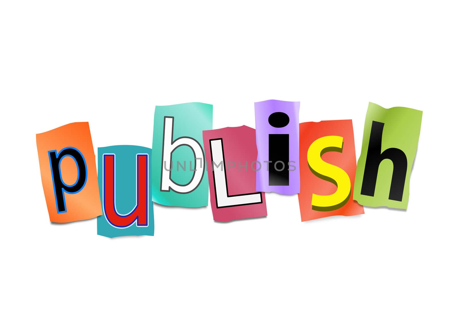 Illustration depicting cut out letters arranged to form the word publish.