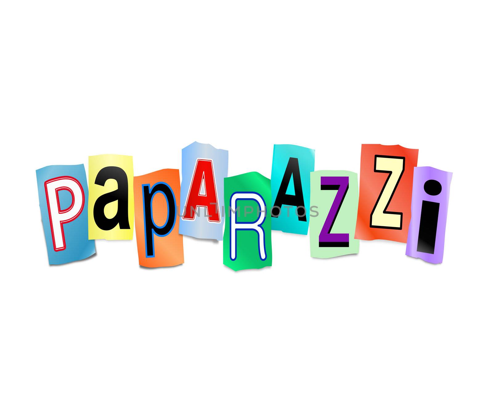 Illustration depicting cut out letters arranged to form the word paparazzi.