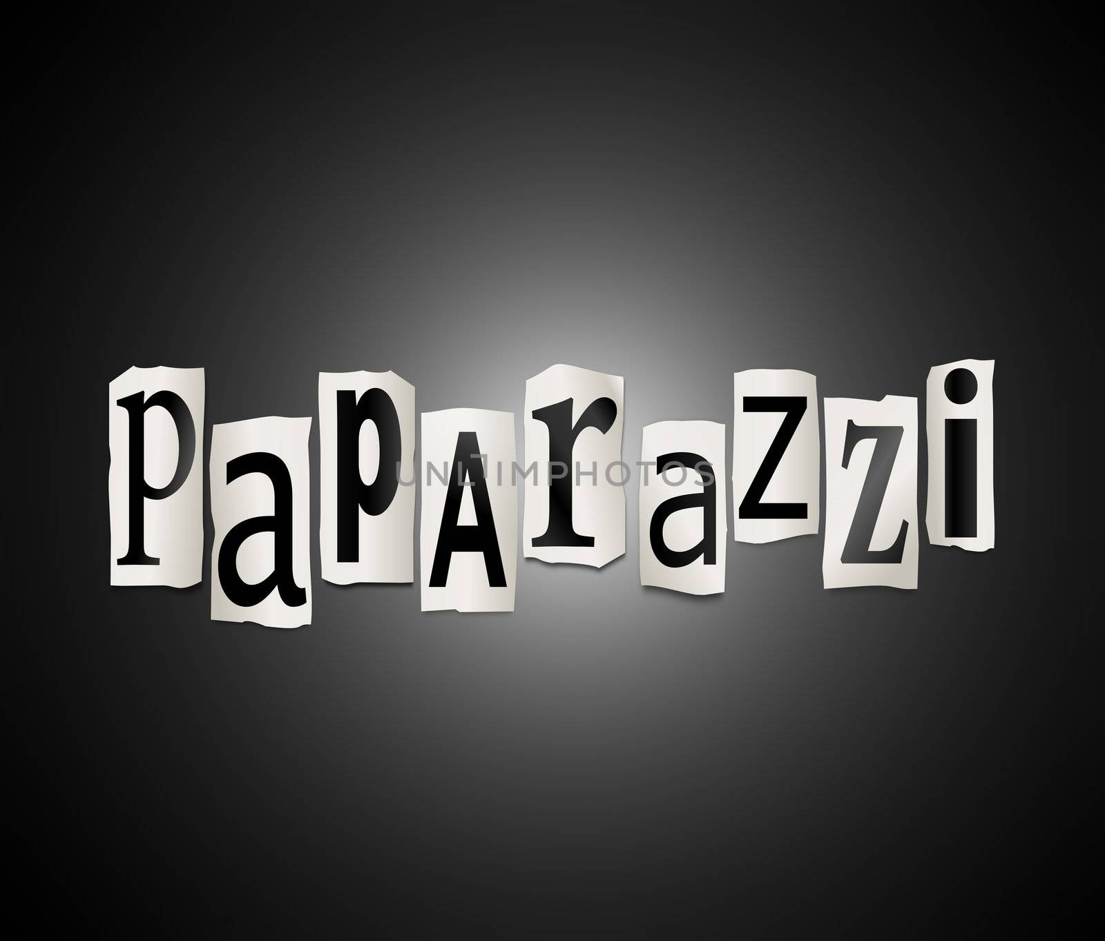 Illustration depicting cut out letters arranged to form the word paparazzi.