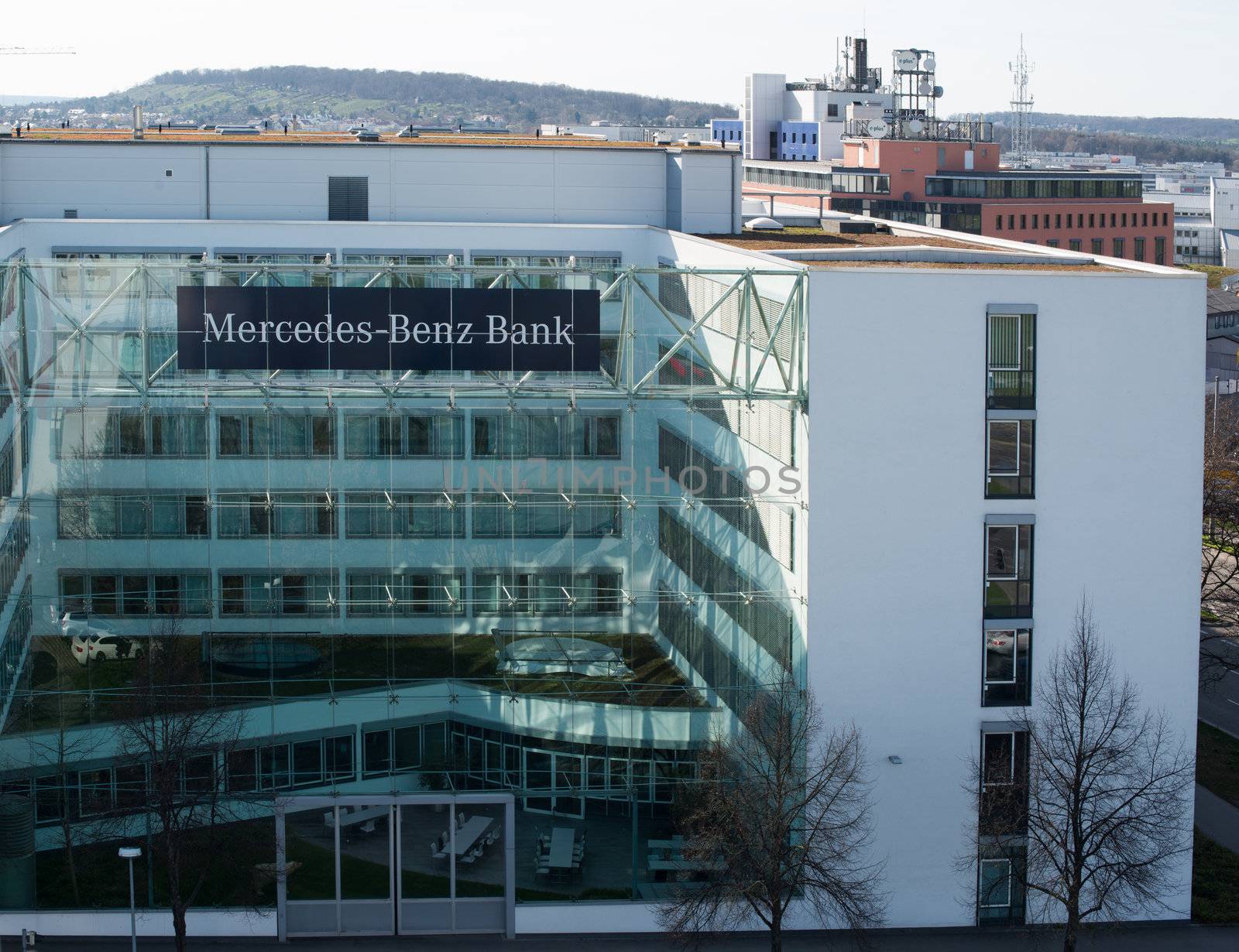 STUTTGART, GERMANY - April 14, 2013: Building of the Mercedes-Benz Bank in Stuttgart, Germany on April 14, 2013. Mercedes-Benz Bank is a full featured bank as part of the Daimler group of companies and was founded 2001 in Stuttgart, Germany.