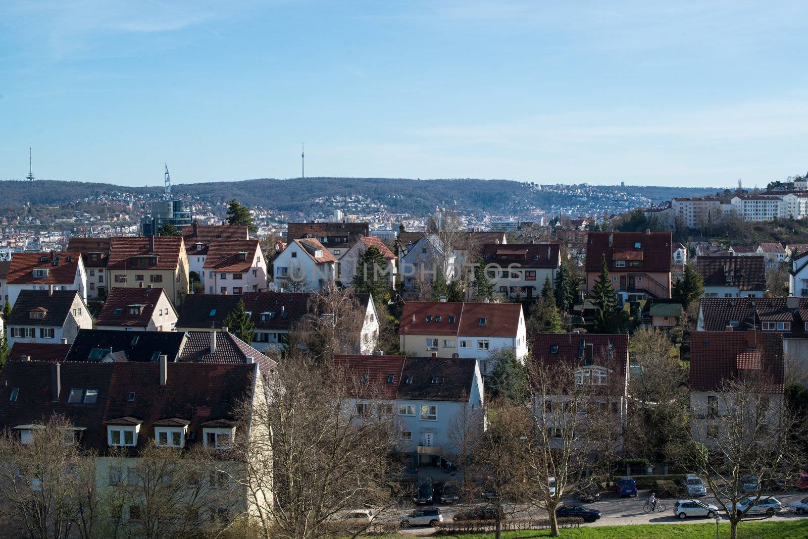 STUTTGART, GERMANY - April 14, 2013: Posh residential area KIllesberg in Stuttgart, Germany on April 14, 2013. The Killesberg area is one of the most expensive areas in Stuttgart due to its great sight onto the different areas of Stuttgart, including the famous tv tower in the background.