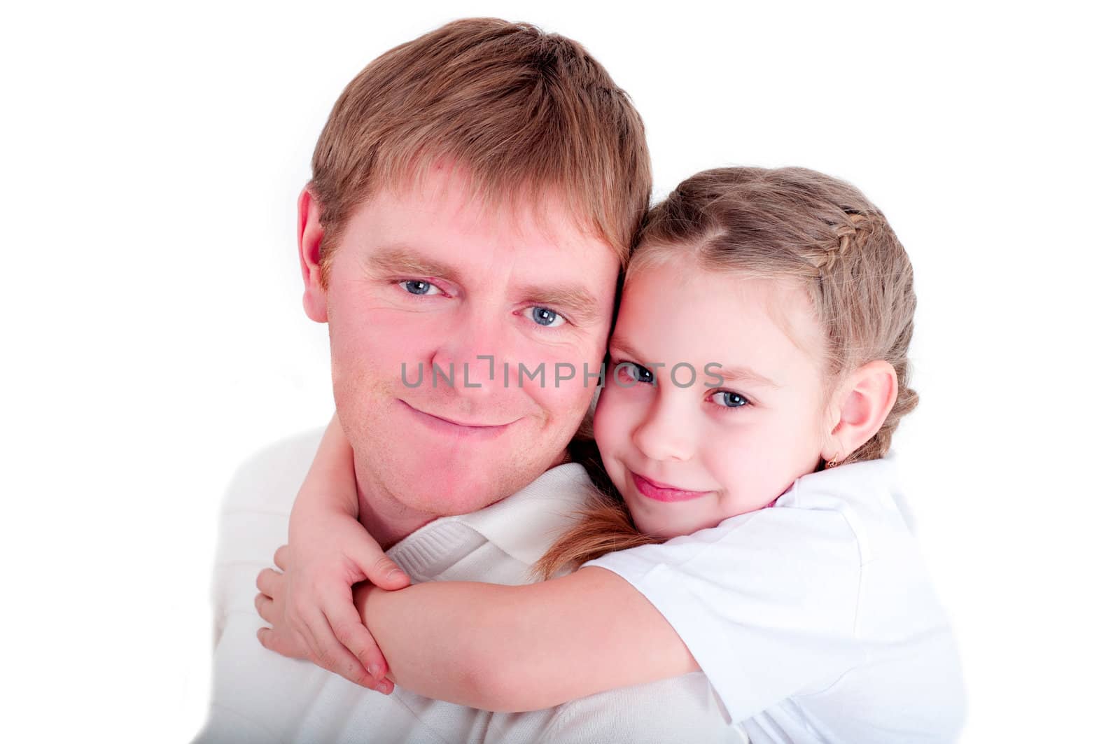 portrait of father and daughter playing together, isolated on white