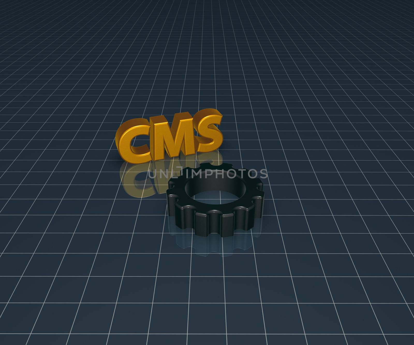 cms tag and gear wheel on blue squared background - 3d illustration