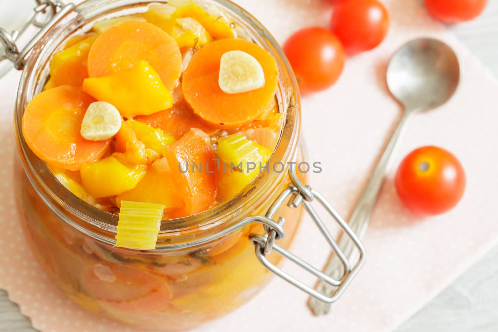 Stewed homemade vegetables in the glass jar