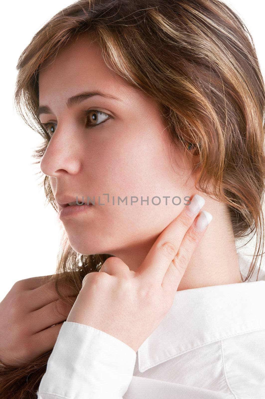 Woman checking her heart heart rate holding her fingers to her neck, isolated in white