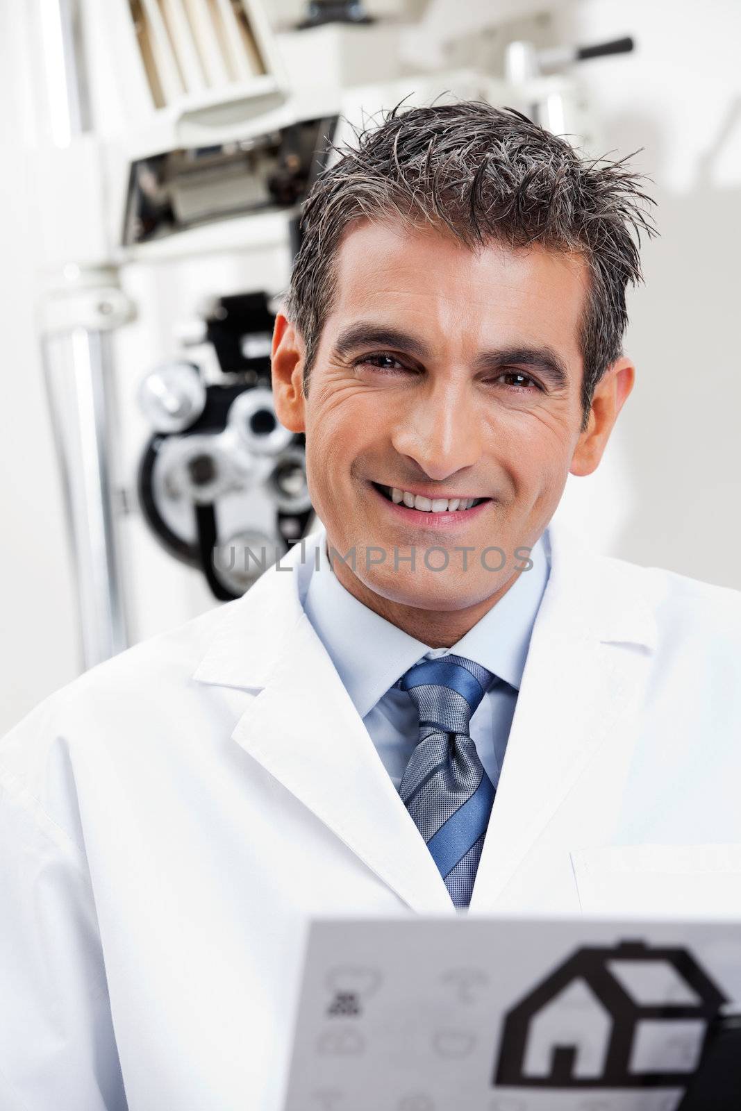 Portrait of a friendly eye doctor smiling at his clinic