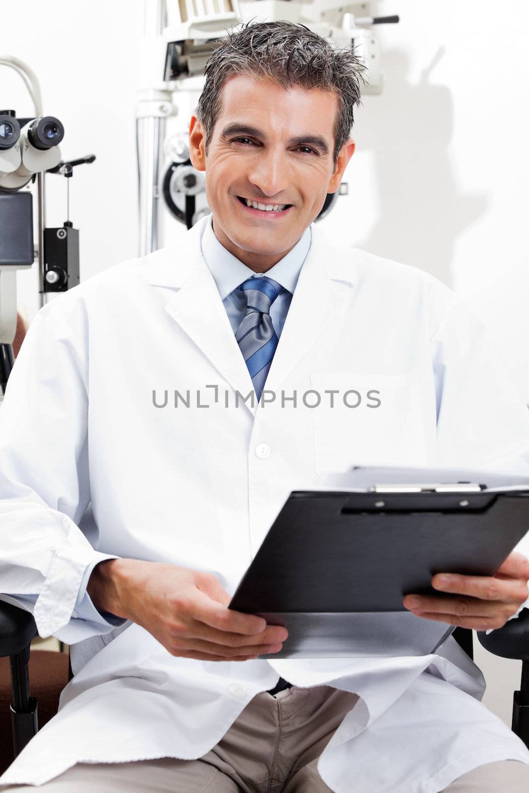 Confident optometrist smiling while holding a clipboard at his clinic