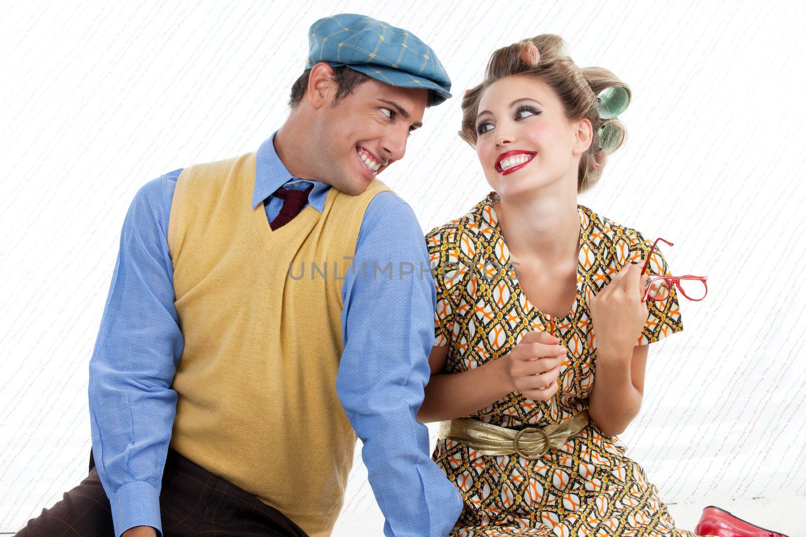 Portrait of Happy Retro Couple by leaf