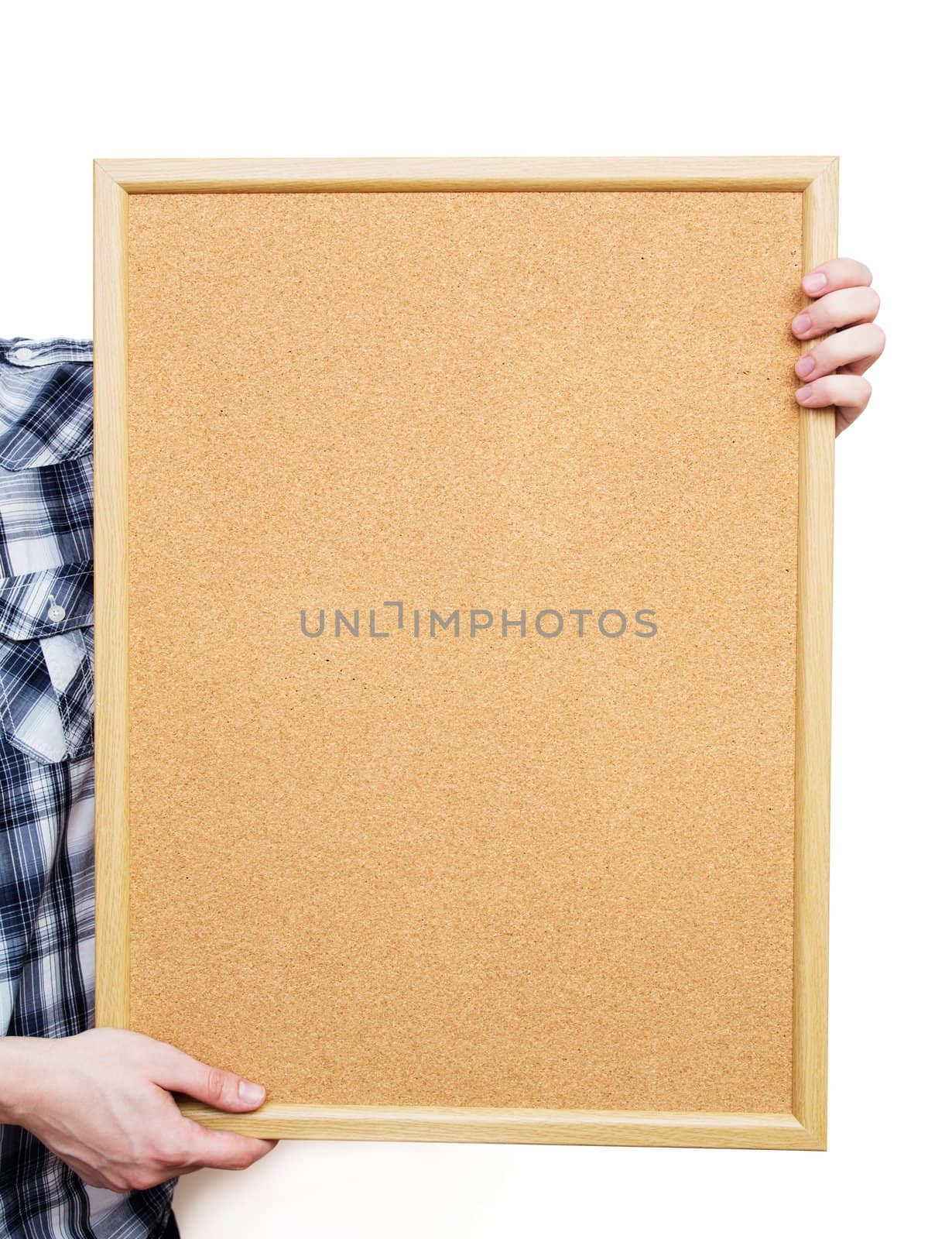 Man holding pin board on white background