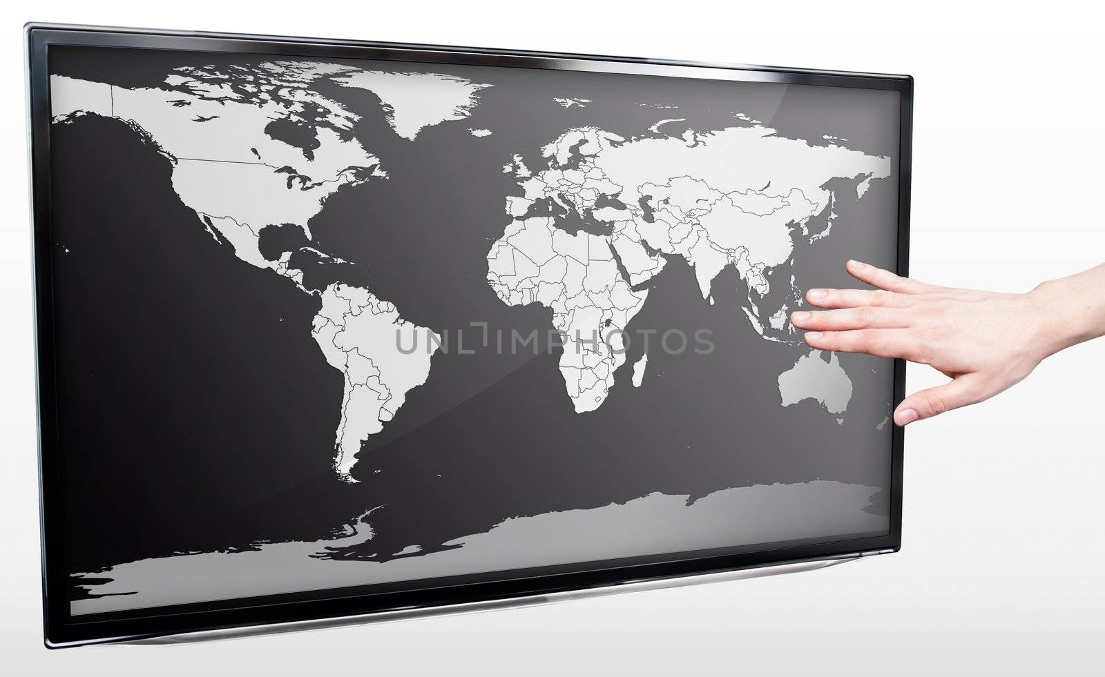 Hand showing blank world map on LED TV screen by simpson33