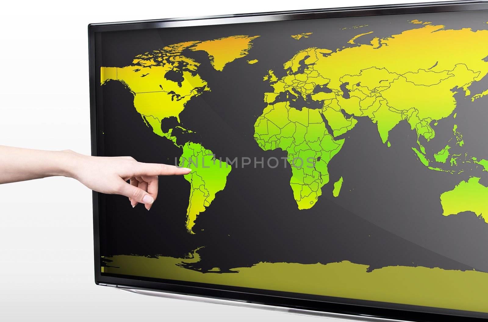 Hand showing blank world map on LED TV screen by simpson33