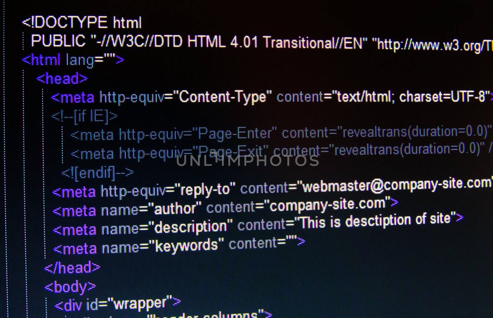 Code of HTML language on black LCD screen