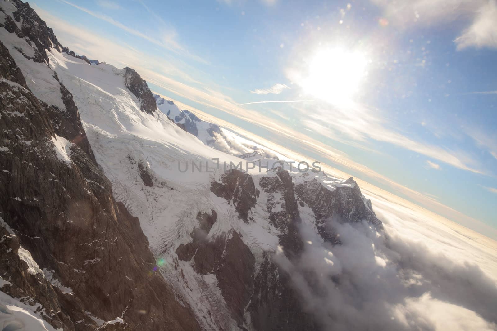 Aerial view of Winter landscape Mountain Cook New Zealand