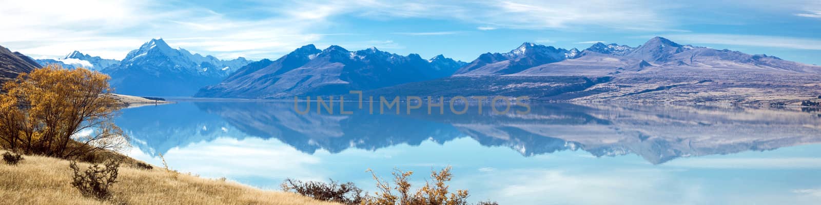 Panorama Landscape of Mountain Cook with its reflection in Lake New Zealand