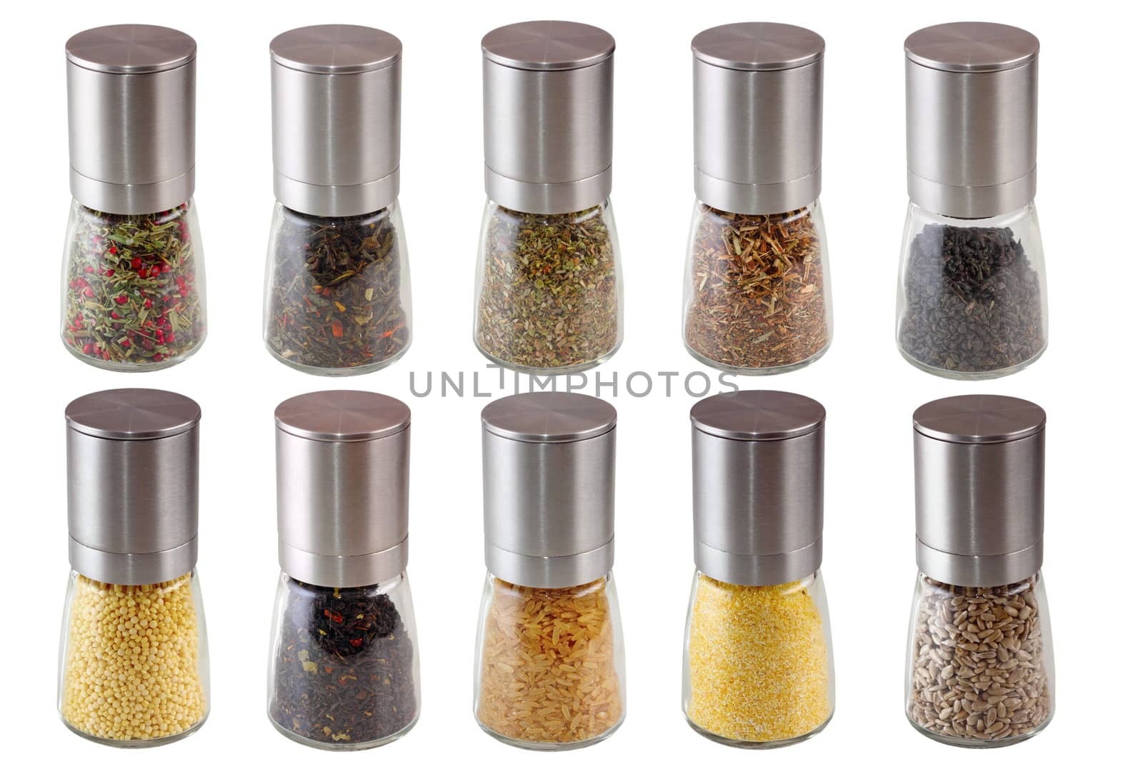 collection of different ingredients in jars isolated over white background