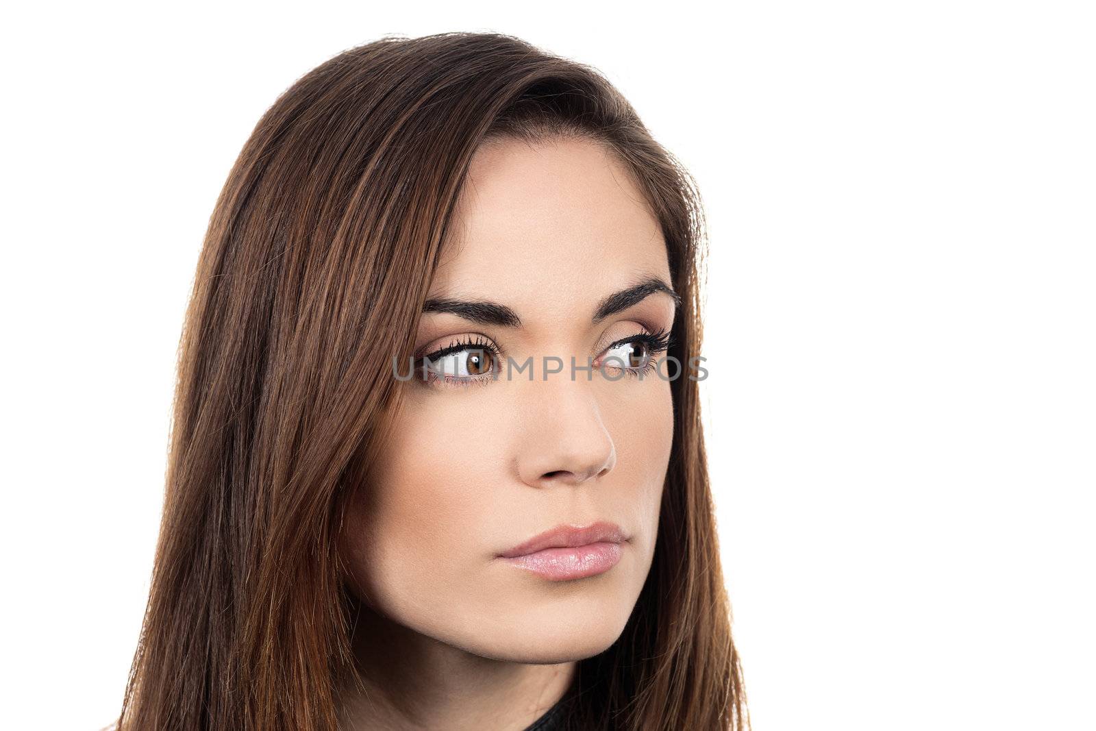 young sad pensive woman on white background