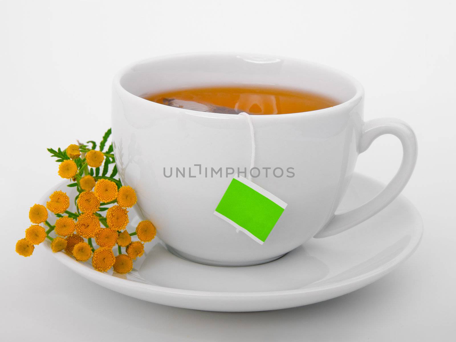 Green tea with tea bag and herb flower. on white background by motorolka