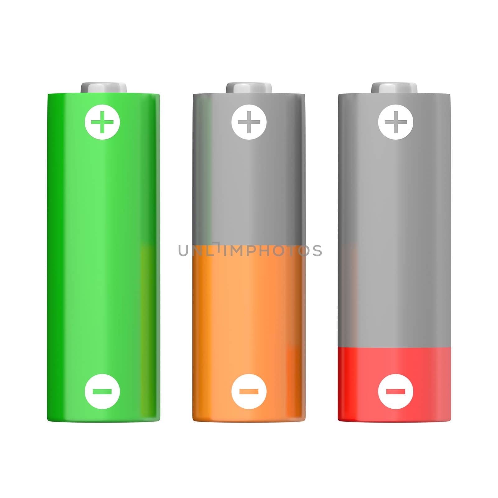 Set of batteries with different charging levels, isolated on white background