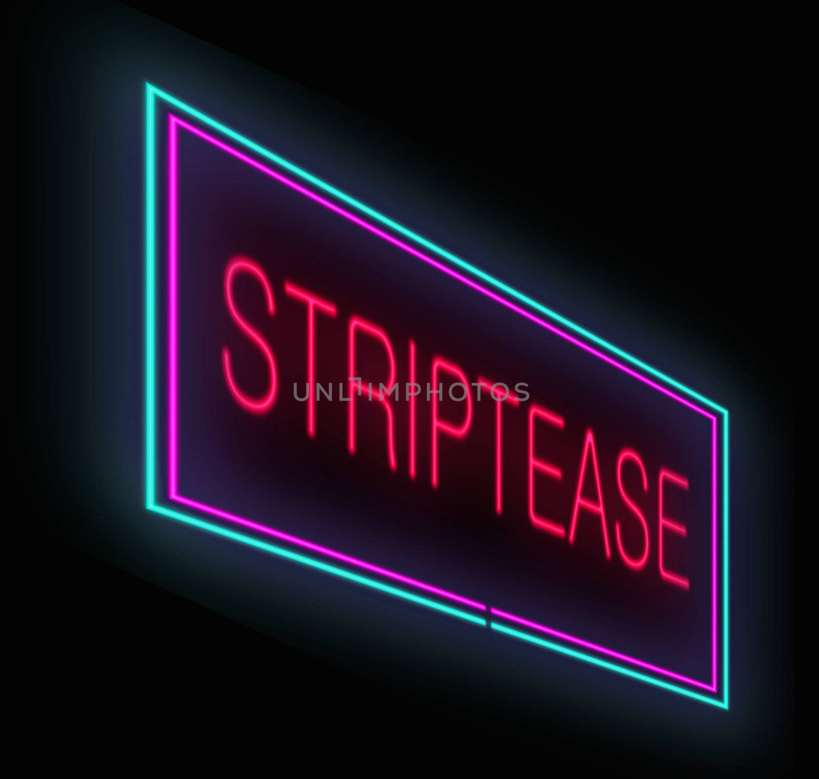 Illustration depicting an illuminated neon striptease sign.