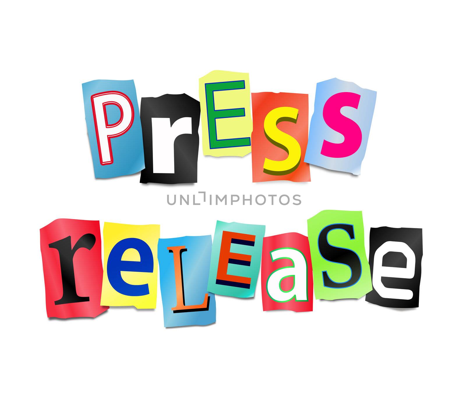 Illustration depicting cut out letters arranged to form the words press release.