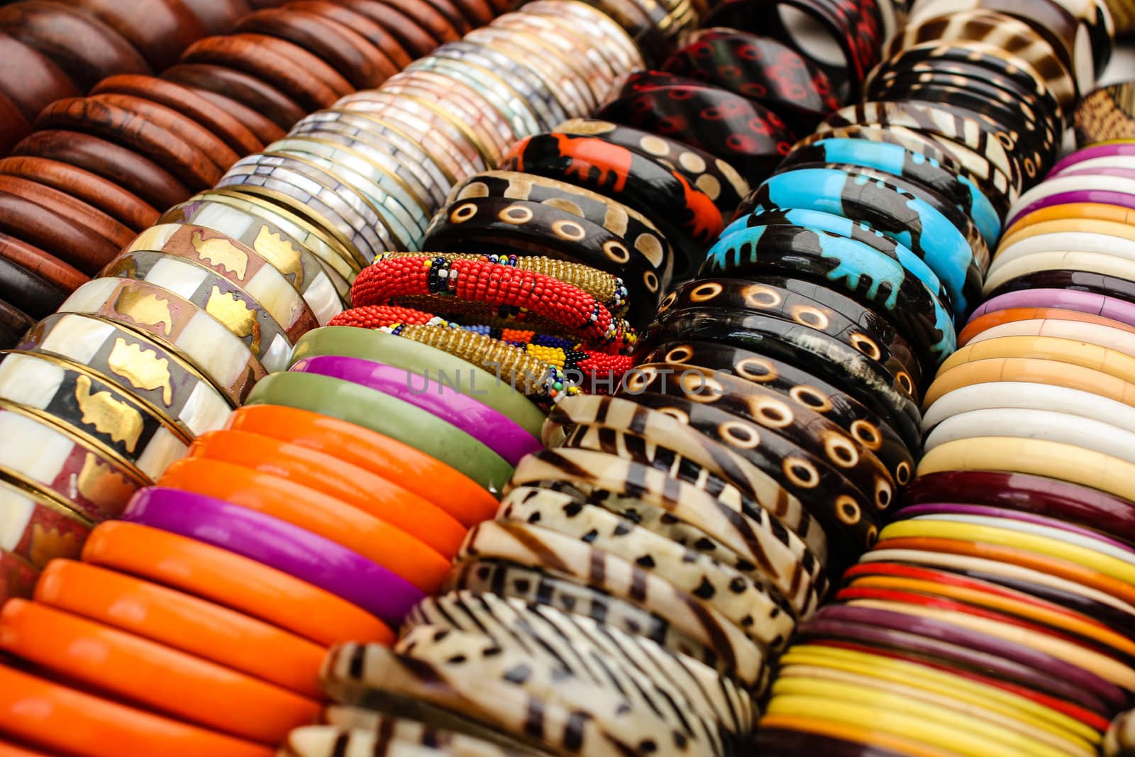 Many colorful braclets at african market