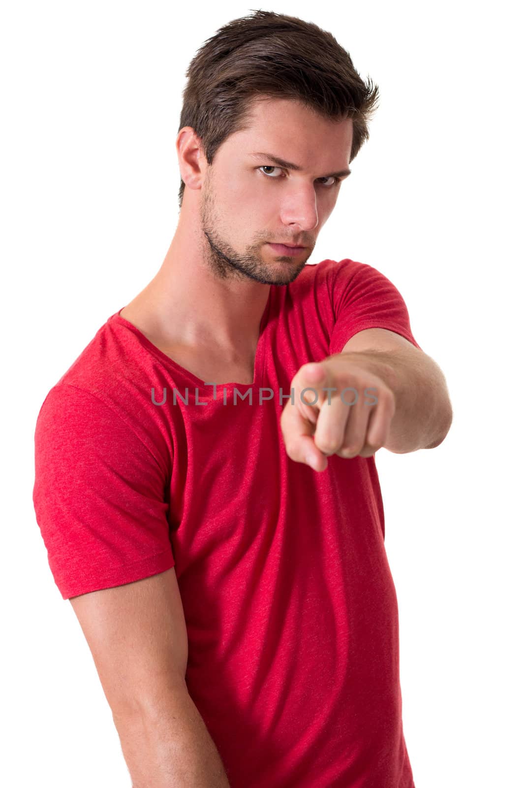 Man in red t-shirt pointing at camera