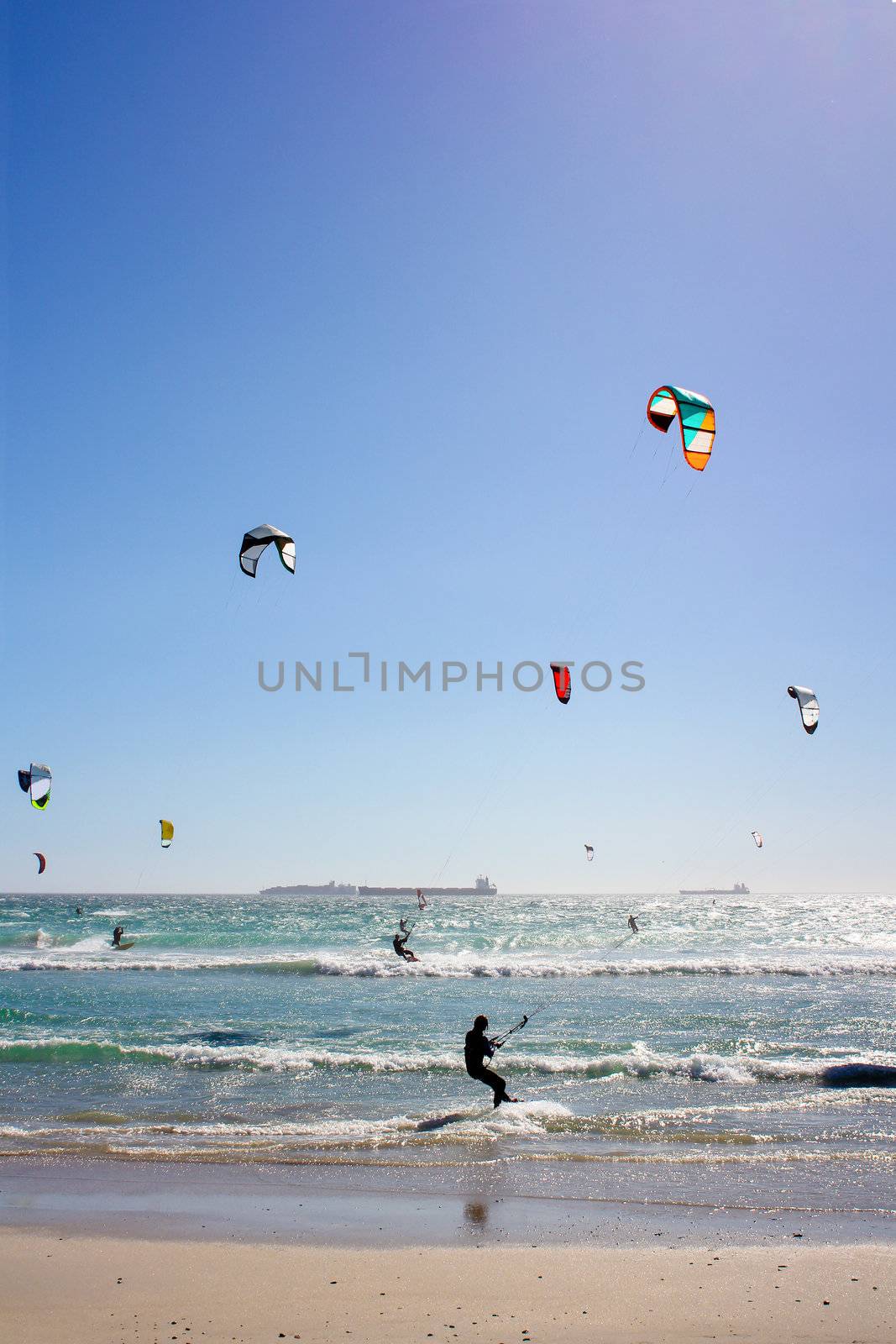 Kiteboarders at Milnerton Beach in Cape Town, South Africa