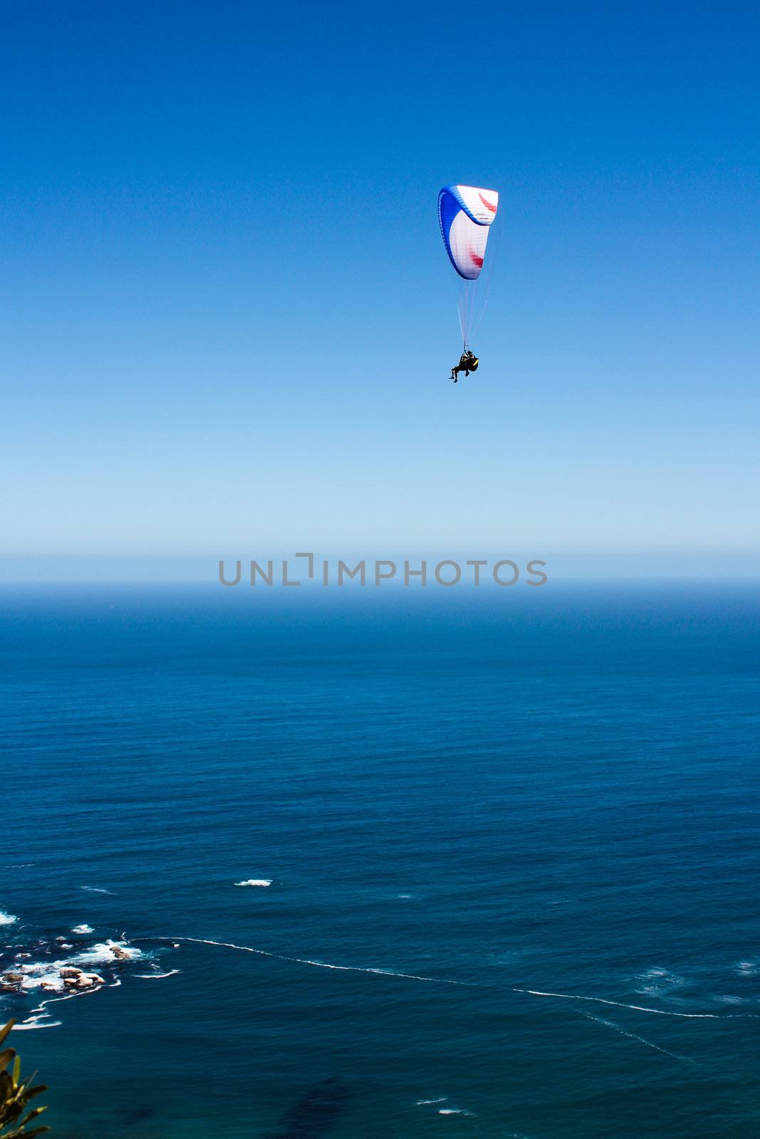 Paraglider flying in front of blue sky and blue water in Cape Town, South Africa