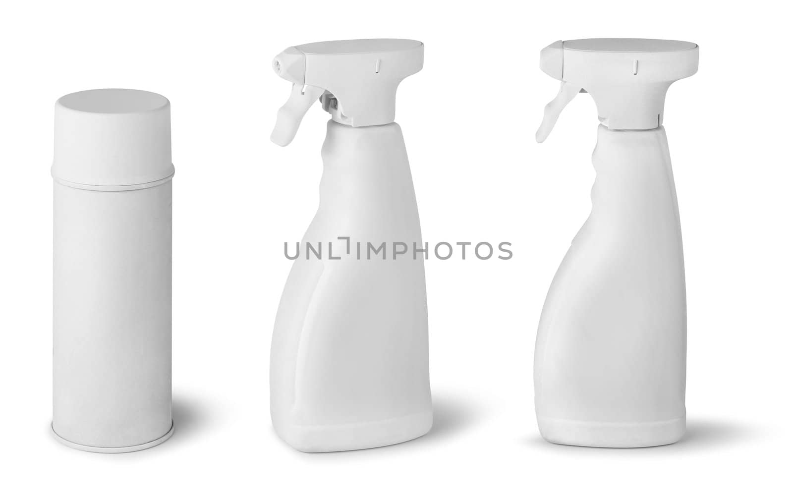 Spray cans metal and plastic blank dummy isolated on white