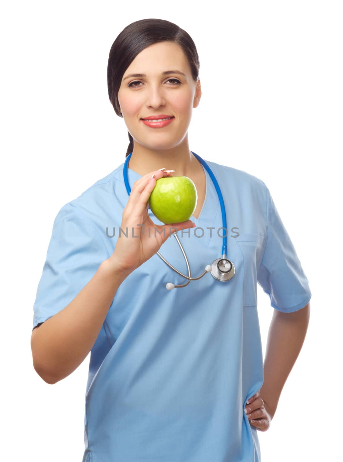 Doctor with green apple isolated