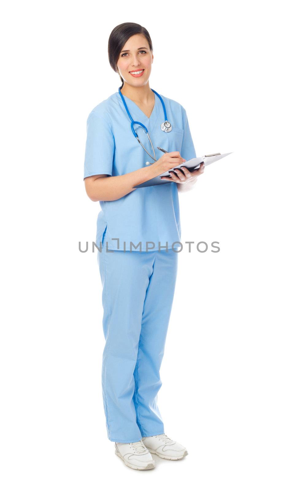 Doctor with clipboard isolated on white