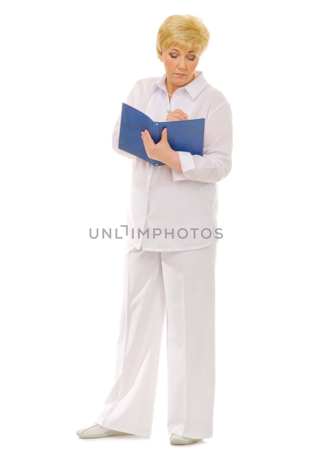 Senior woman with notebook isolated