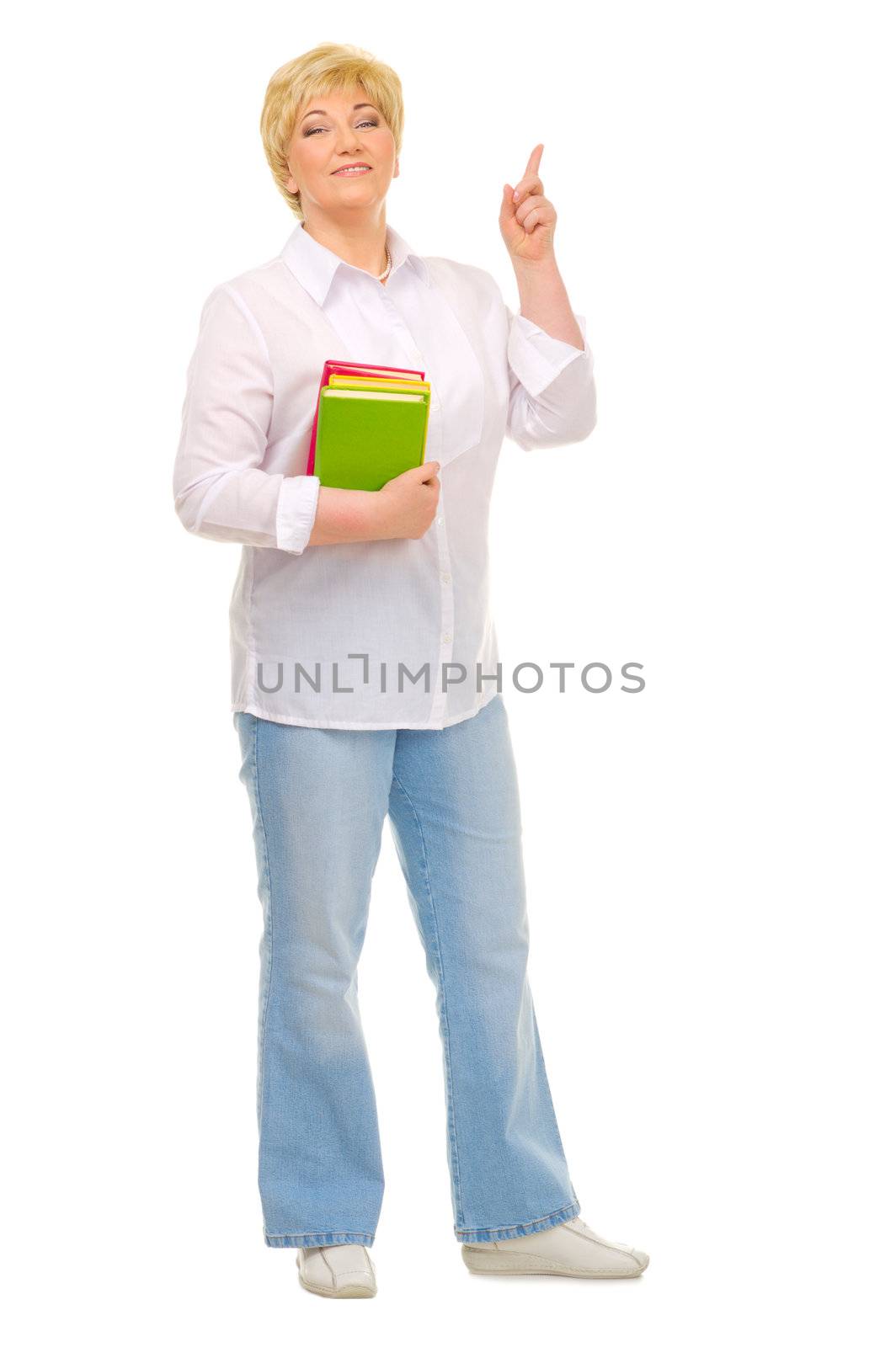 Senior woman with books isolated