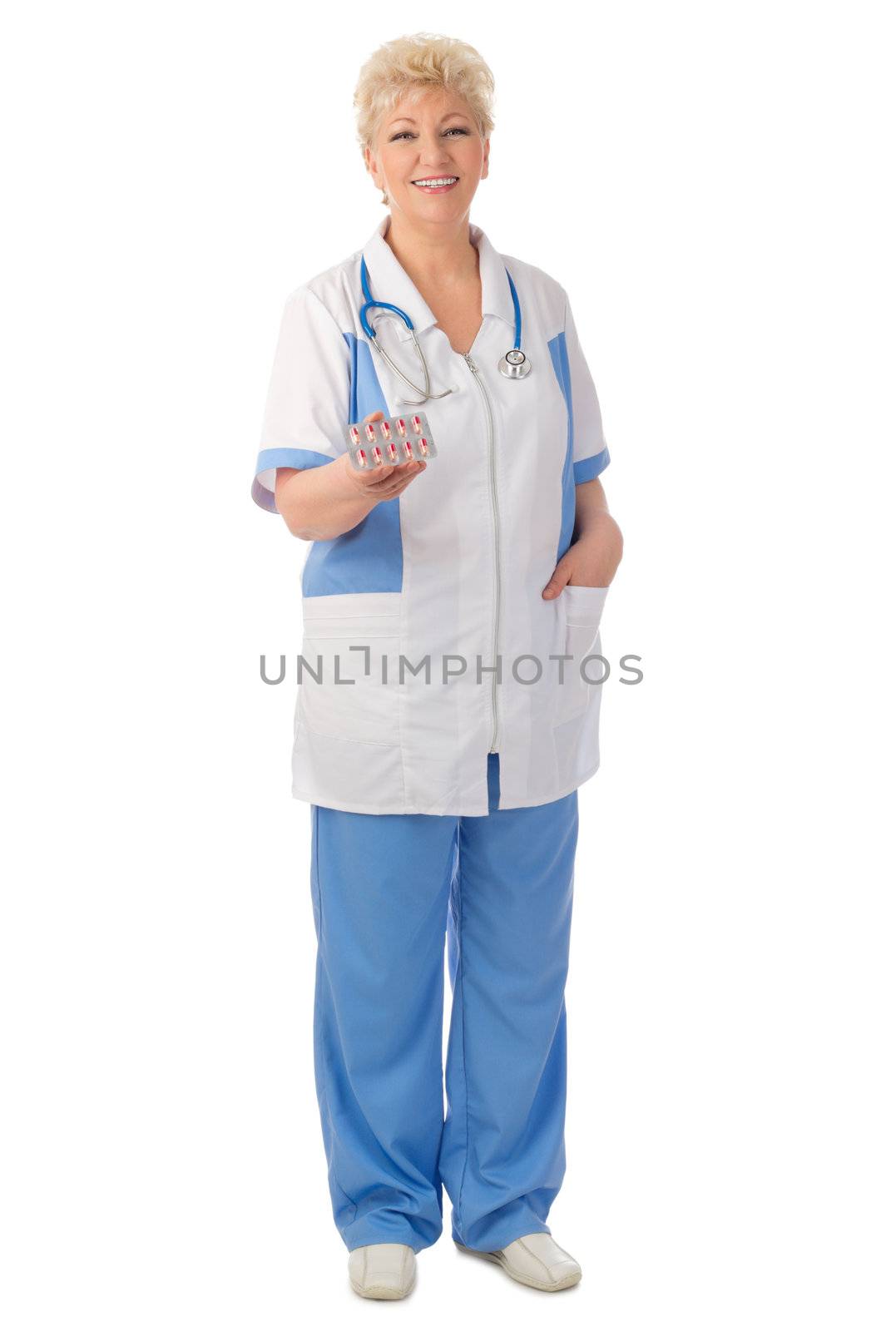 Mature doctor with pills isolated