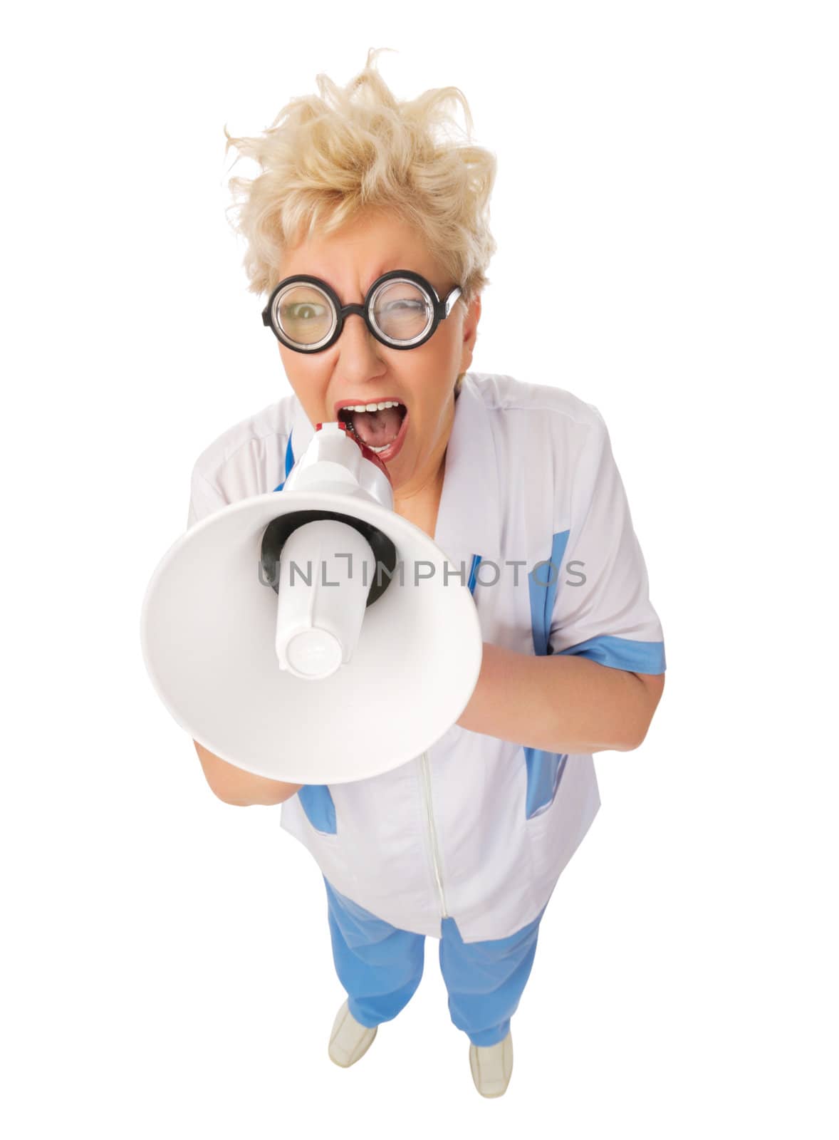 Funny mature doctor with megaphone isolated