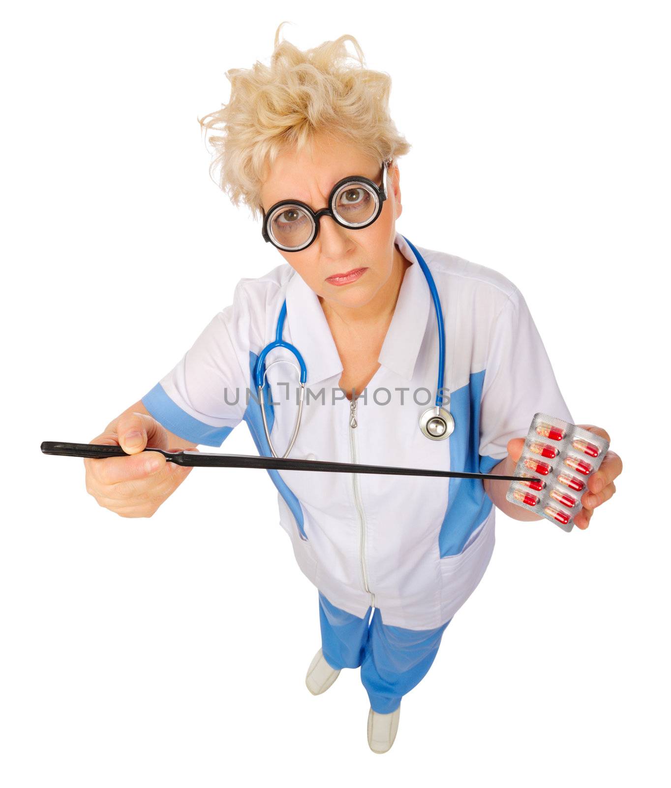 Funny mature doctor with pills and pointer isolated