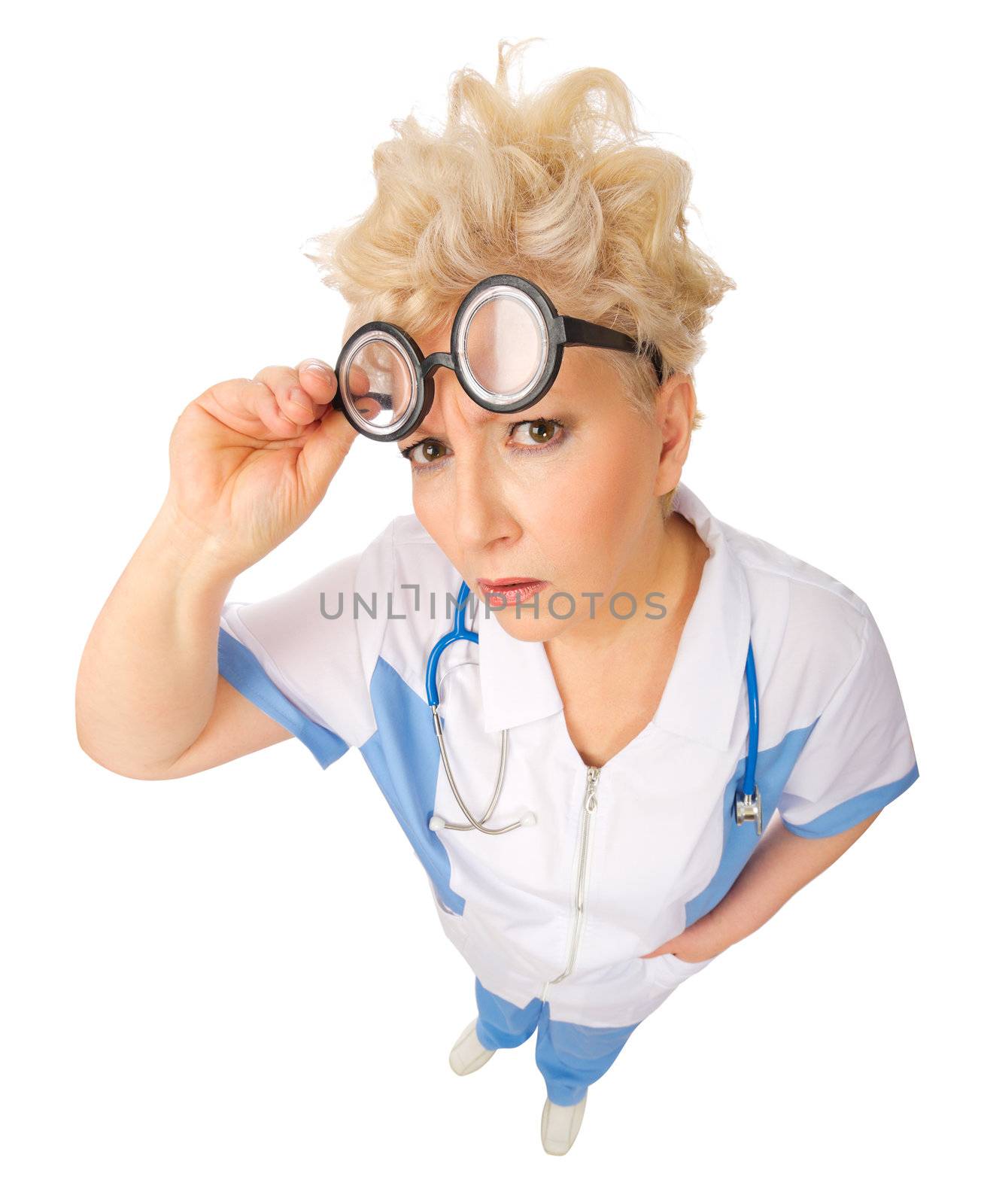 Funny mature doctor with glasses isolated