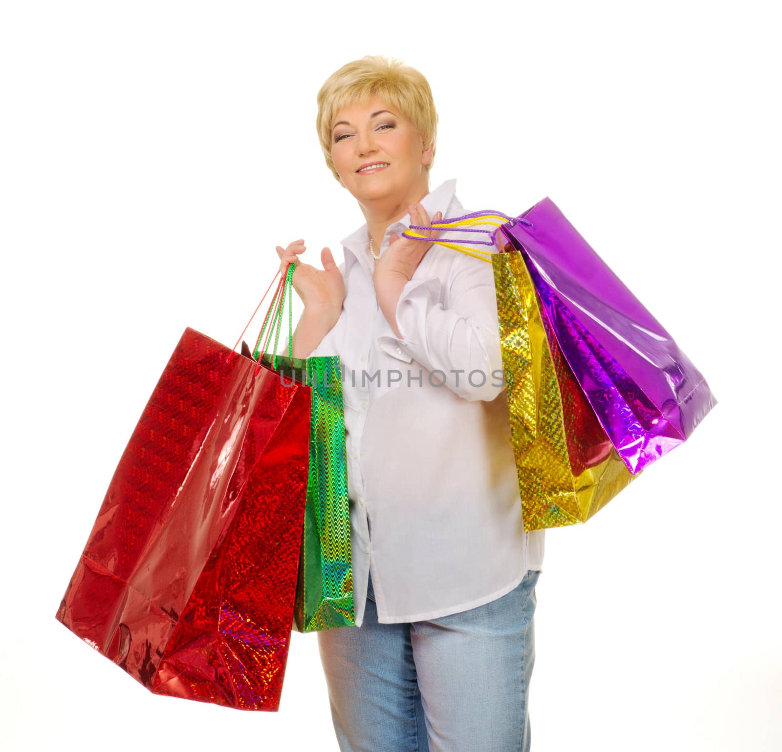 Senior woman with bags isolated