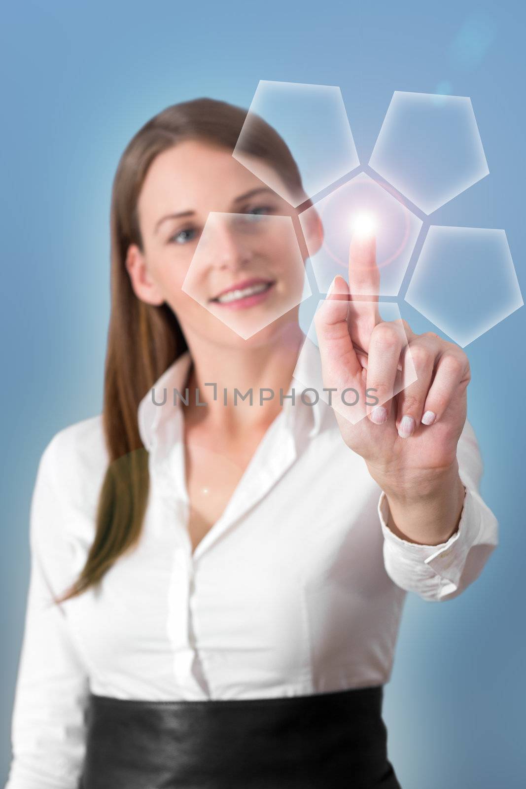 Attractive Brunette Woman Pressing Virtual Button with a light blue background