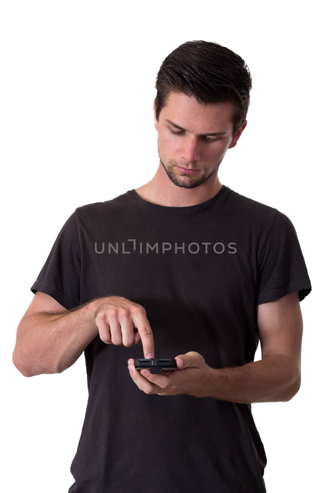 Young White Man In Black T-Shirt Working On His Smartphone