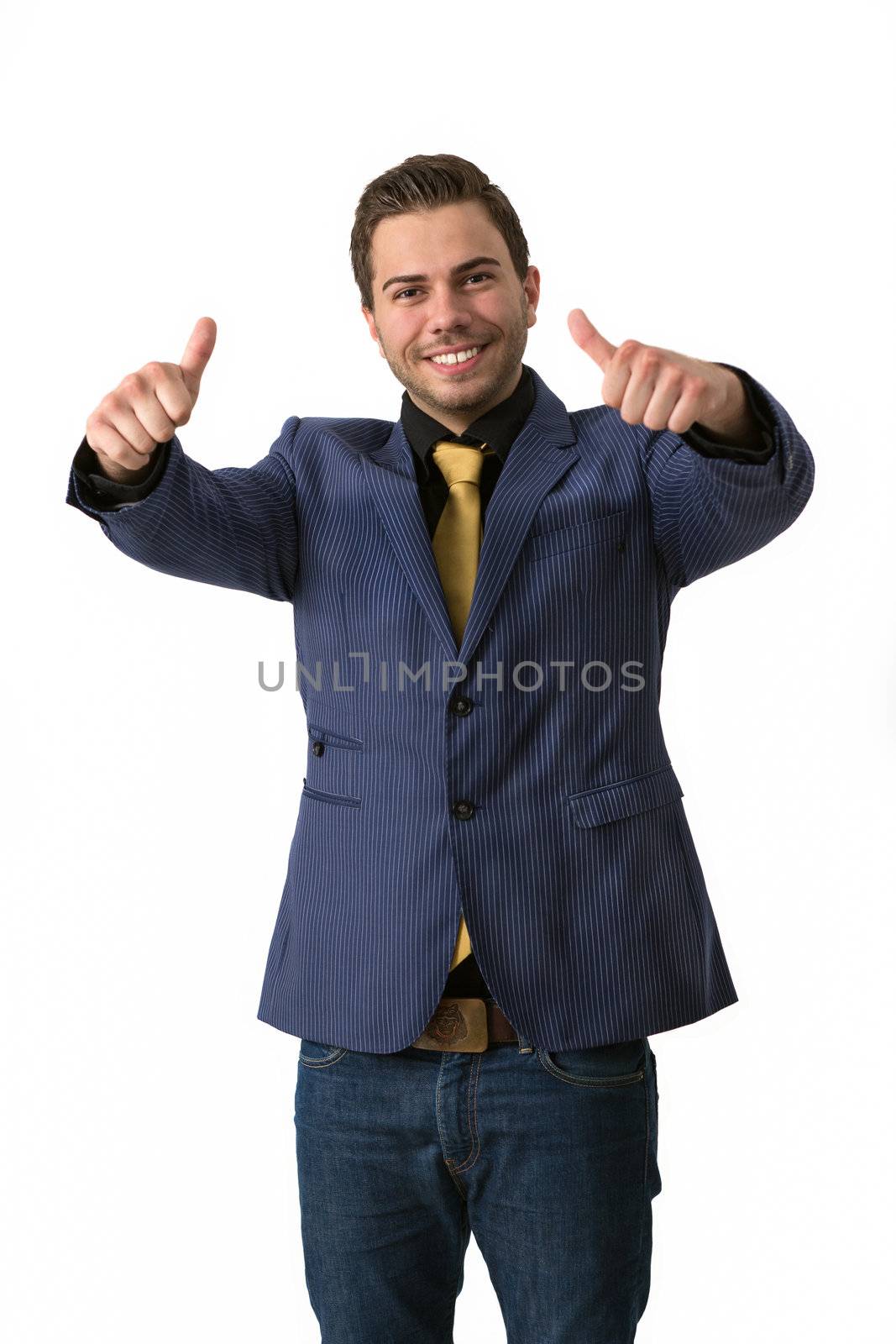A young sympathetic businessman in a Blue suit with a golden tie doing thumbs up