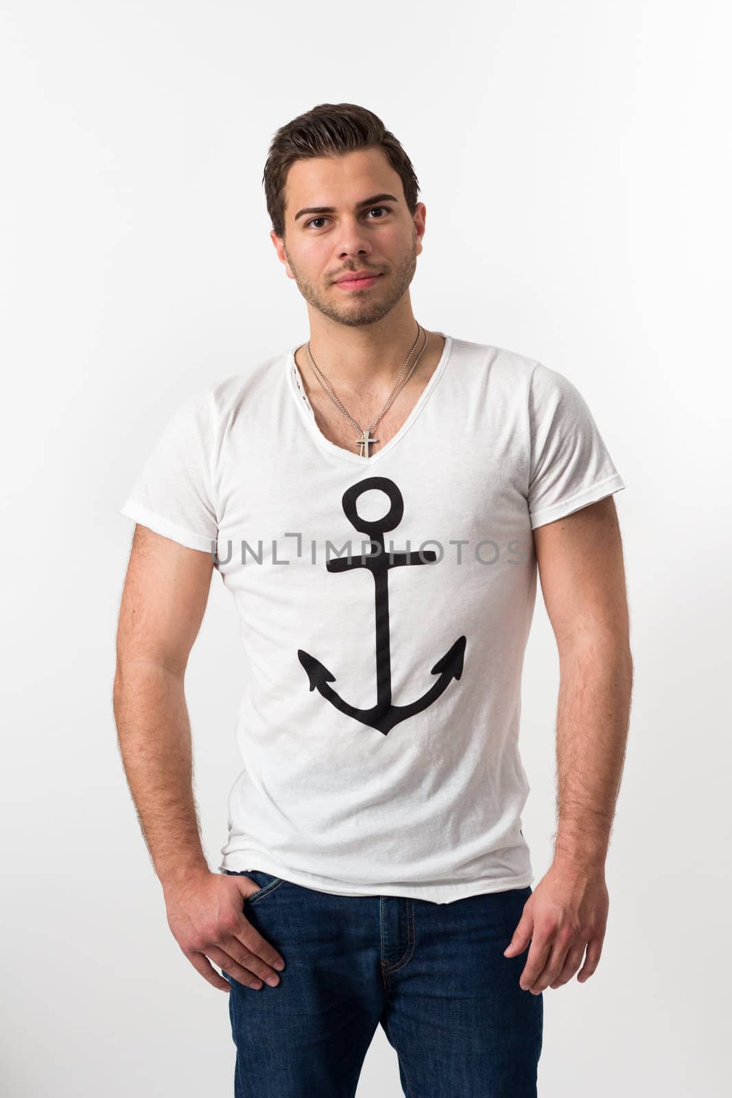 Young brunette Man with Anchor T-shirt by dwaschnig_photo