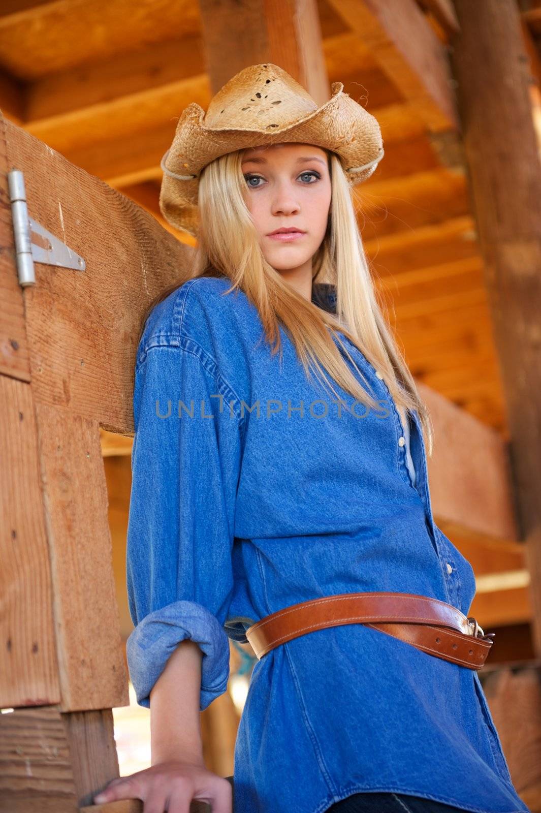 Blond Teen Model with Cowboy Hat in Wood Barn by pixelsnap