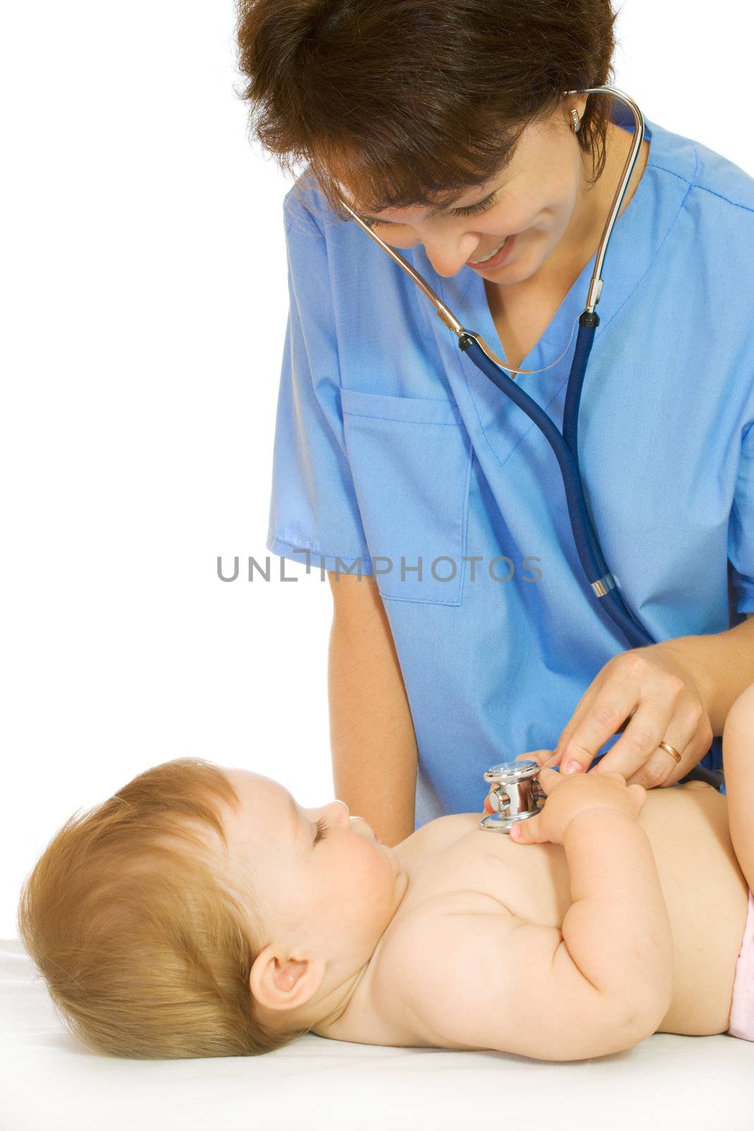 Doctor with stethoscope and small smiling baby isolated #8 by rbv