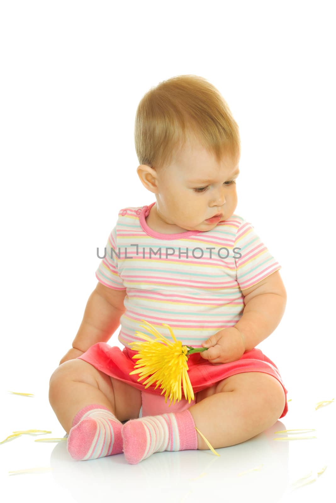 Sitting small baby with yellow flower #8 isolated
