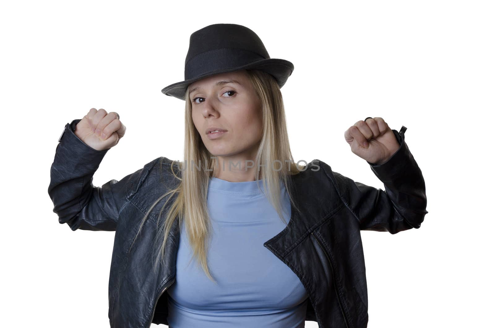 young blonde woman wearing a hat and a jacket isolated on white background