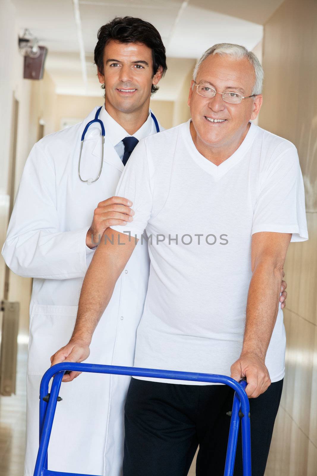 Doctor Helping An Old Man With His Walker by leaf